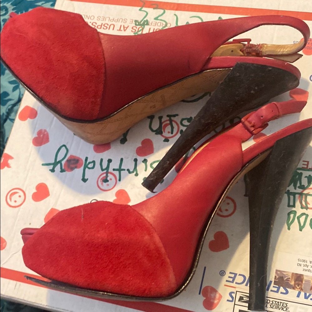 L.A.M.B. Red Peep-Toe Slingback Heels